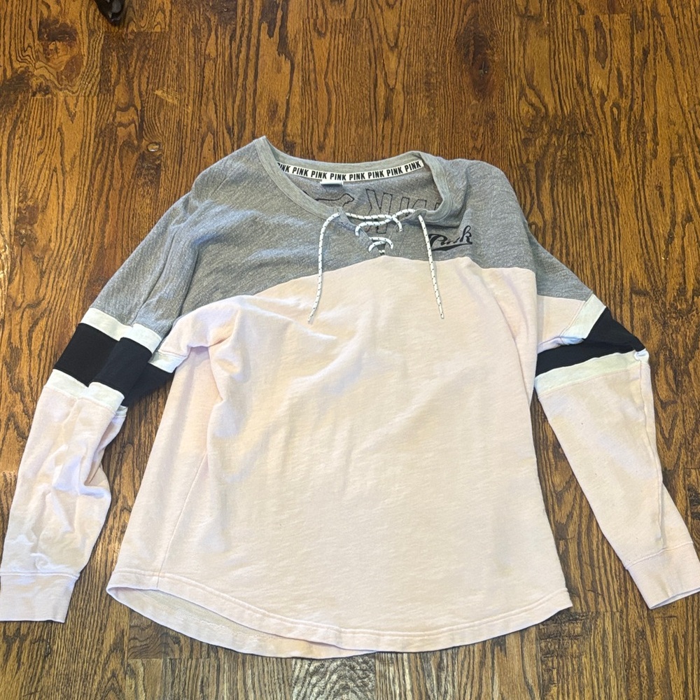 PINK Victoria's Secret Gray and Light Pink Lace-Up Top